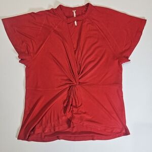 Free People Blouse Womens Small Red Gathered Front Deep‎ Open V-neck Cap Sleeve